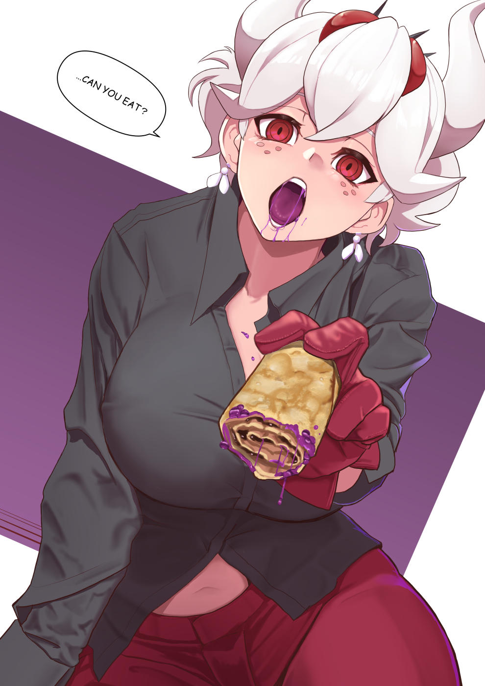 1girls 8husa beelzebub_(helltaker) black_shirt breasts colored_tongue demon_girl demon_horns food freckles gloves helltaker highres horns incoming_food large_breasts lean looking_at_viewer pancake purple_tongue red_eyes red_gloves saliva shirt white_hair