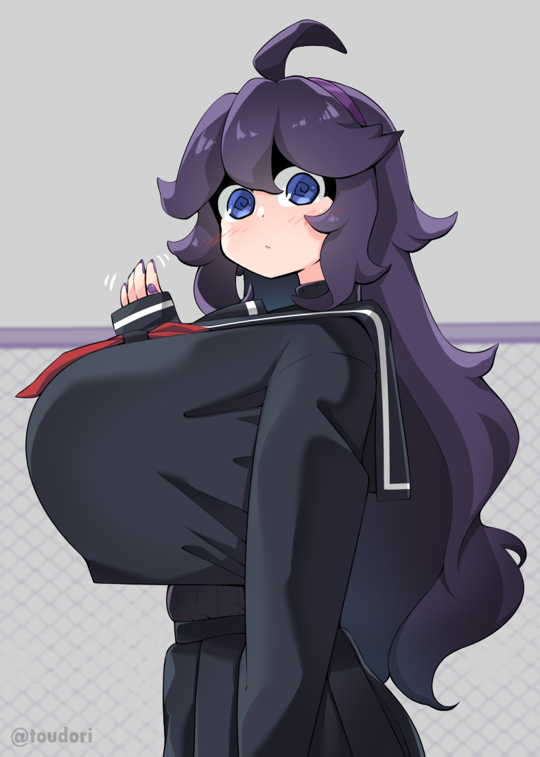 alternate breast size, big breasts, blue eyes, blushing at viewer, breasts, clothed, female, game freak, headband, hex maniac, huge breasts, long hair, looking at viewer, nintendo, painted nails, pokemon, pov, purple hair, purple nails, sailor uniform, side view, sideboob, spiral eyes, top heavy, toudori, waving