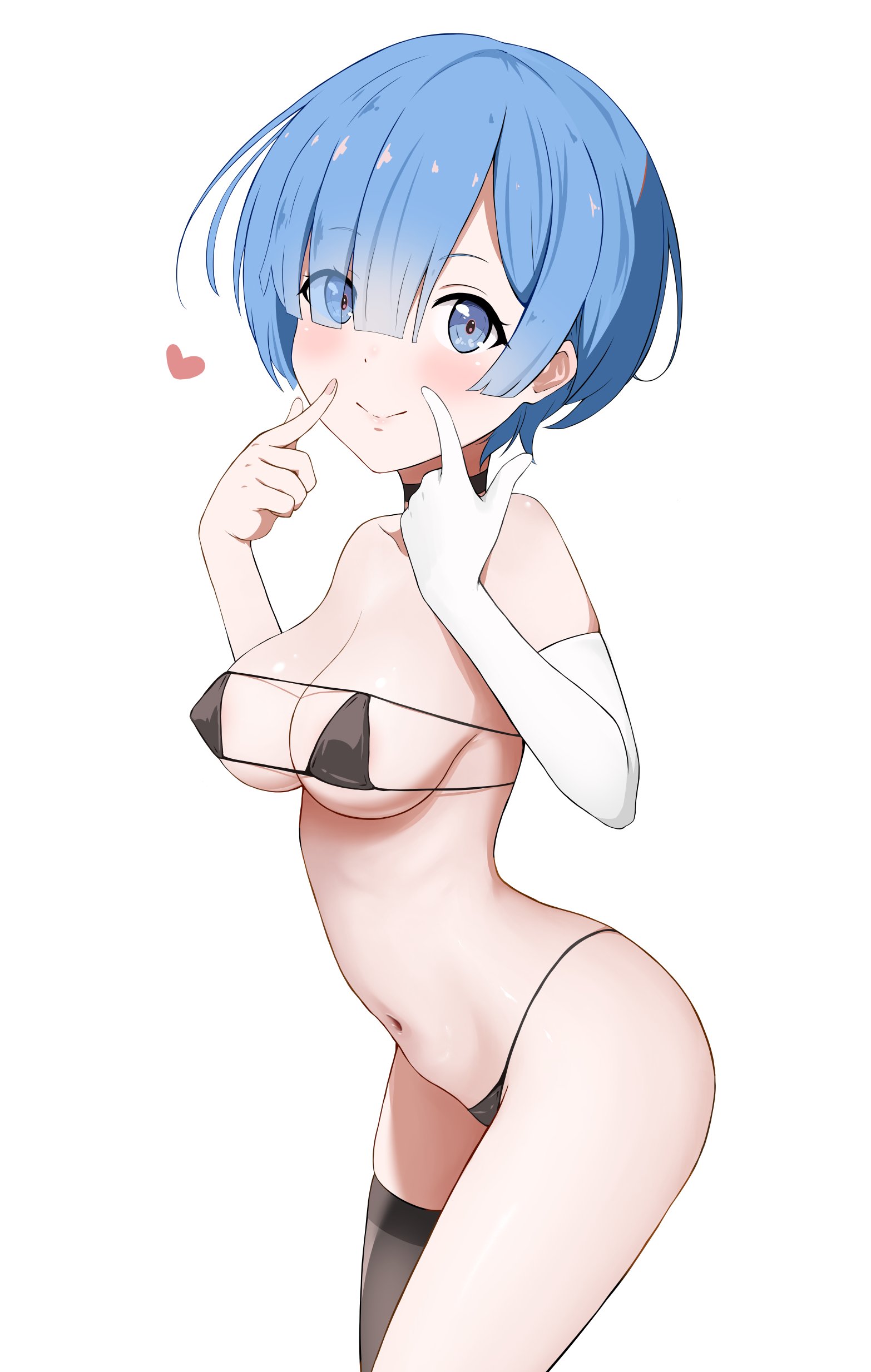 :), 1girls, blue eyes, breasts, breasts outside, coro fae, embarrassed, female, gloves, light blue hair, light skin, light-skinned female, lingerie, lingerie only, looking at viewer, medium breasts, nipples, re:zero kara hajimeru isekai seikatsu, rem (re:zero), revealing clothes, shy, smile, stockings, thick thighs