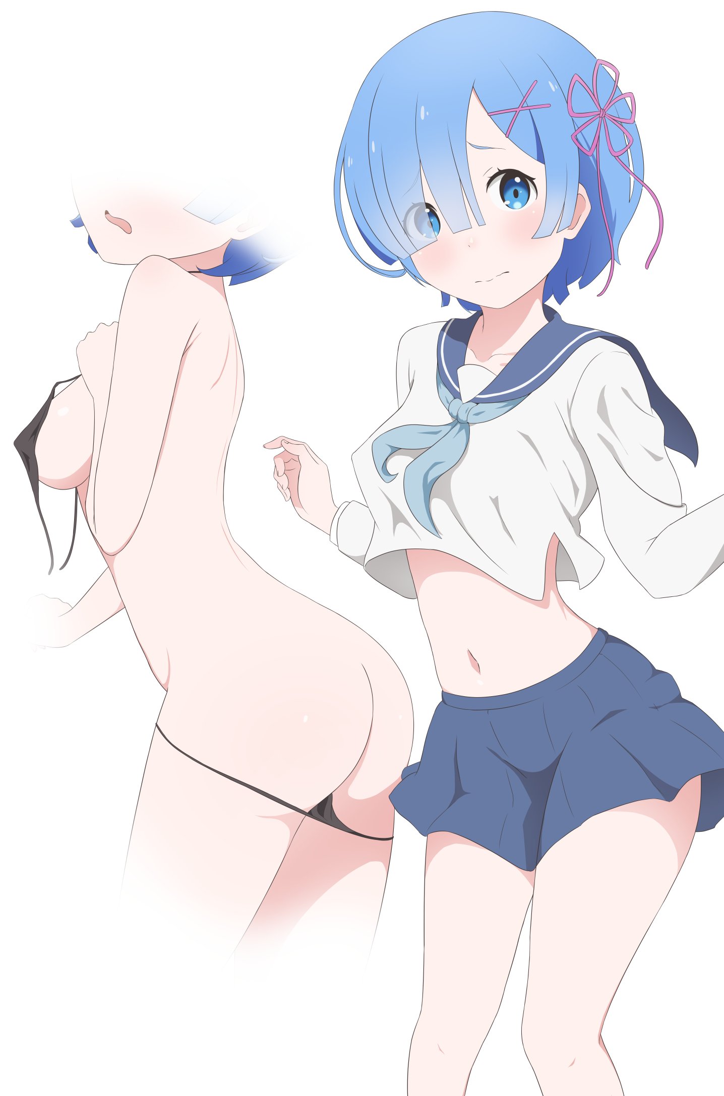 1girls, bikini, blue eyes, blue hair, breasts, breasts outside, clothed, clothed female, coro fae, embarrassed, female, female only, fully clothed, hair over one eye, human, light blue hair, light skin, light-skinned female, medium breasts, re:zero kara hajimeru isekai seikatsu, rem (re:zero), school uniform, schoolgirl uniform, short hair, shy, skimpy bikini, skirt, solo, thick thighs, x hair ornament