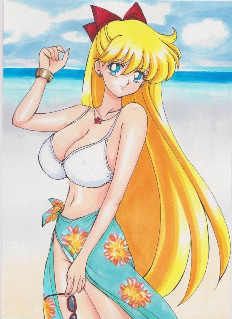 1girls artist_request big_breasts bishoujo_senshi_sailor_moon blonde_hair blue_eyes blue_towel bow eyewear_removed female female_only glasses large_breasts long_hair minako_aino red_ribbon solo sunglasses sunglasses_removed swimsuit white_bikini