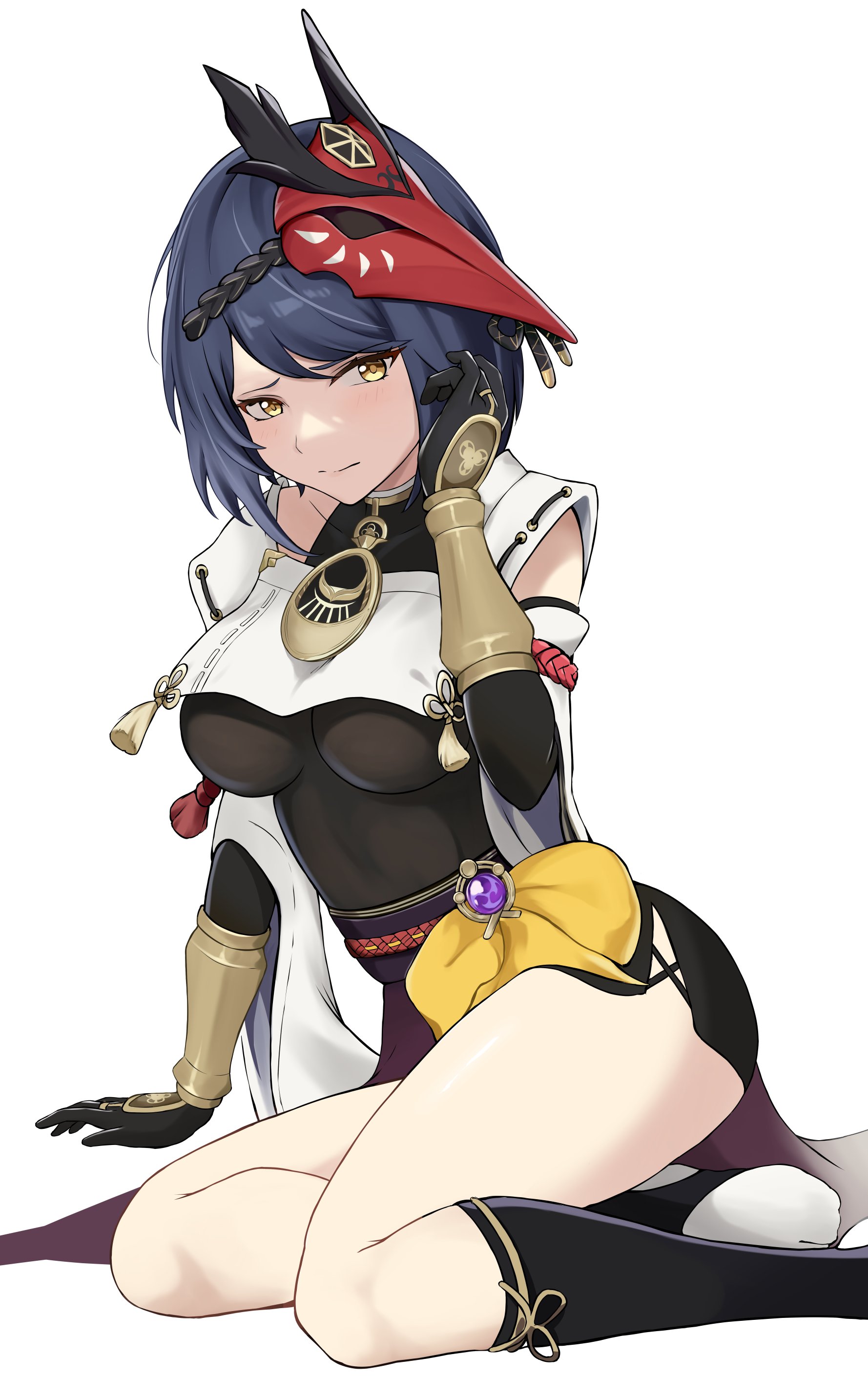 1girls, amber eyes, black gloves, blush, bottomless, breasts, clothed, clothed female, coro fae, elbow gloves, embarrassed, female, fully clothed, genshin impact, gloves, kujou sara, light skin, light-skinned female, long glove, long gloves, looking at viewer, mask on head, medium breasts, shy, sitting, tengu, thick thighs, vision (genshin impact)