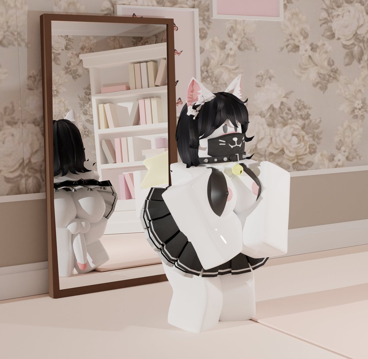 1futa, 3d, ass, black hair, breasts, cat girl, catgirl, dickgirl, face mask, female, functionally nude, futa kitty (artist), futa only, futanari, intersex, mask, mirror, penis, roblox, robloxian, skirt, tagme, white skin