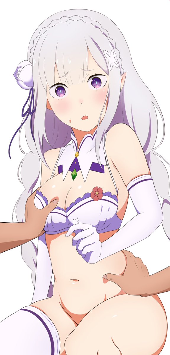 1girls bra breast_grab coro_fae emilia_(re:zero) fear groping groping_breasts groping_thighs light-skinned_female light_skin medium_breasts purple_eyes re:zero_kara_hajimeru_isekai_seikatsu scared shocked silver_hair underwear white_bra