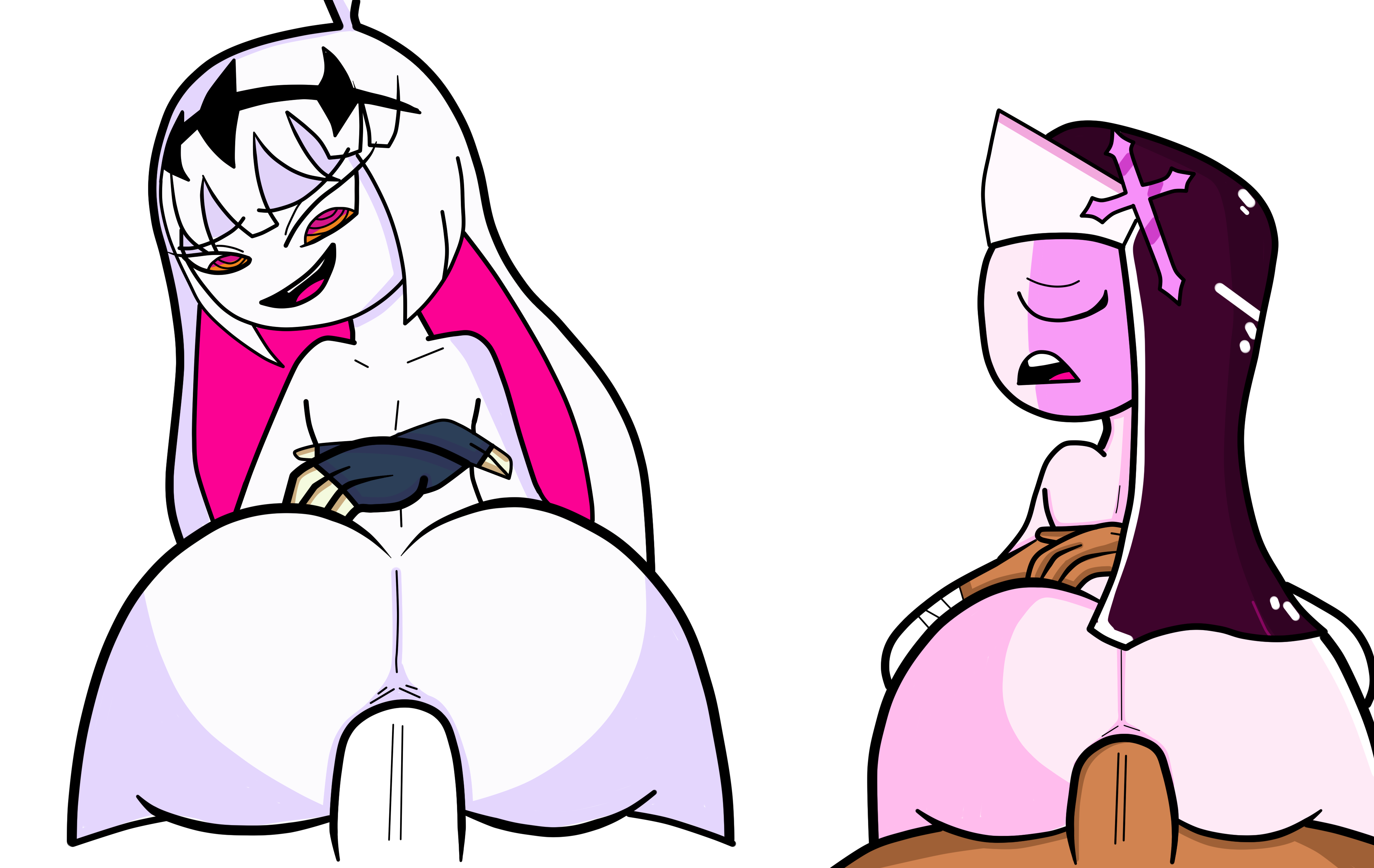 2boys, 2girls, anal, anal penetration, anal sex, artist request, ass, ass focus, back, bandage, bandaged arm, bandages, big, big ass, big penis, closed eyes, cowgirl position, crown, crown only, dark skin, dark-skinned male, demon, demon girl, duo, duo female, duo male, female, fnf, fnf entity, fnf mod, fnf mods, friday night funkin, friday night funkin mod, friday night funkin: entity, giant female, giantess, gradient, gradient eyes, headwear, headwear only, human, human on humanoid, human/human, humanoid, inner hair, light skin, light-skinned female, looking back, male, male human/female demon, male human/female humanoid, male/female, mid-fight masses, mostly nude, mostly nude female, newgrounds, nikusa (sugarratio), nude, nude female, nude male, nun, nun hat, open mouth, penis, pink inner hair, quartet, quartet focus, rear view, sarvente (dokki.doodlez), sex, smile, source request, tan body, tan skin, tan-skinned male, traced, two-tone body, two-tone hair, white body, white hair, white skin, white-haired female, white-skinned female