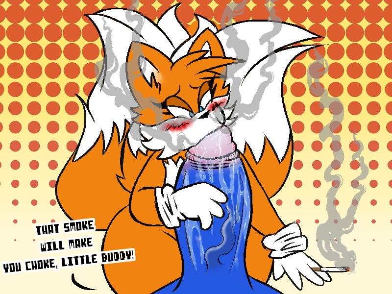 anthro big_penis blue_body blush bodily_fluids canid canine cigarette clothing digital_media_(artwork) duo eulipotyphlan fox fur genitals gloves handwear hedgehog huge_cock hyper hyper_genitalia hyper_penis male male/male mammal oral orphazoid penis sega smoke smoking sonic_(series) sonic_the_hedgehog sonic_the_hedgehog_(series) tails text video_games