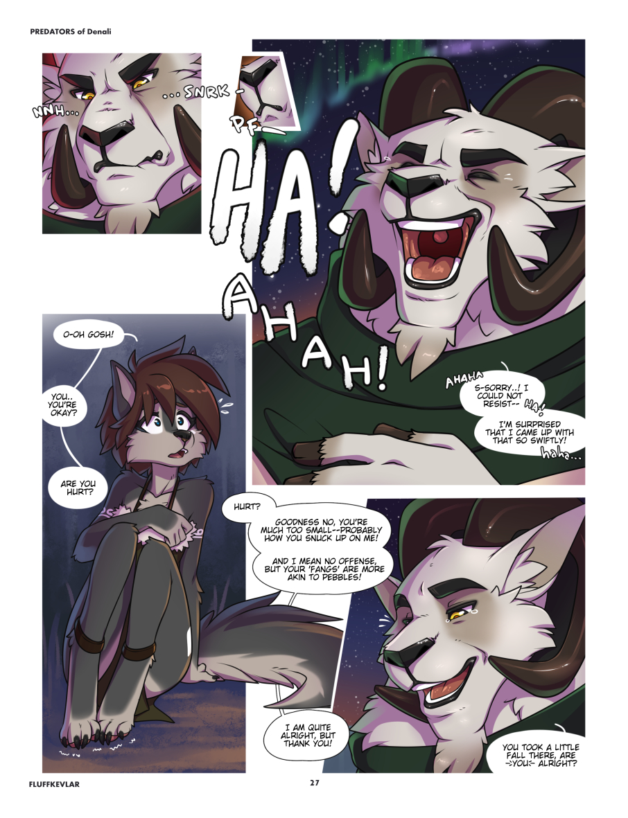 ! 1boy1girl 2020 4_panel_comic anthro black_eyebrows black_nose blue_eyes body_markings brown_eyebrows brown_hair canine canine_humanoid closed_eyes clothed comic eyebrows female fluff-kevlar furry furry_female furry_male furry_only goat goat_boy goat_horns goat_humanoid grey_body grey_fur hair horns laugh laughing male mammal mammal_humanoid markings massak_(fluff-kevlar) no_humans open_mouth page_27 page_number pawpads paws predators_of_denali_(fluff-kevlar) sheep short_hair speech_bubble tala_(fluff-kevlar) tears tears_of_laughter teeth text tongue tribal tribal_markings white-fur white_body white_border white_sclera wolf wolf_humanoid yellow_eyes