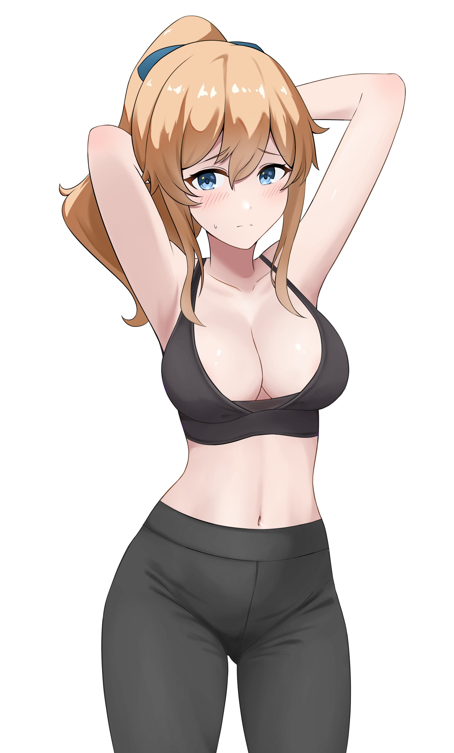 1girls, blonde hair, blue eyes, blush, breasts, clothed, clothed female, coro fae, embarrassed, female, fully clothed, genshin impact, jean gunnhildr, leggings, light skin, light-skinned female, looking at viewer, loose clothes, medium breasts, ponytail, shy, sports bikini, sports bra, sportswear, sweatdrop, tying hair