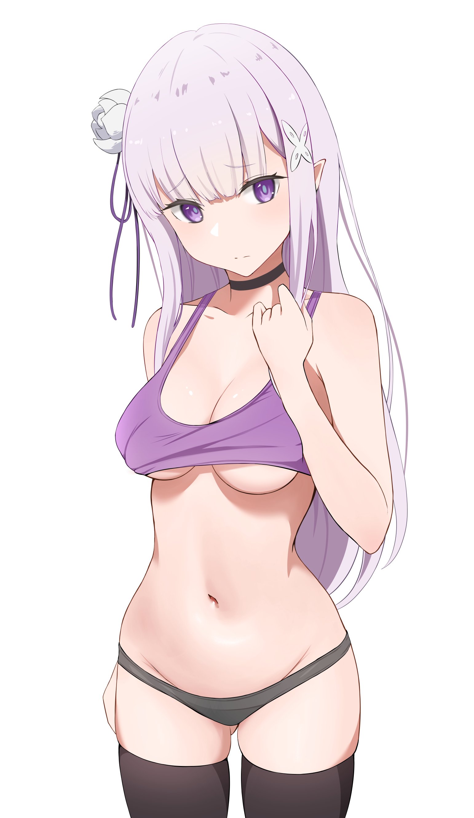 1girls, blush, breasts, choker, coro fae, crop top, embarrassed, emilia (re:zero), female, light skin, light-skinned female, looking away, medium breasts, panties, purple eyes, re:zero kara hajimeru isekai seikatsu, removing clothing, silver hair, socks, thighhighs, underboob, underwear