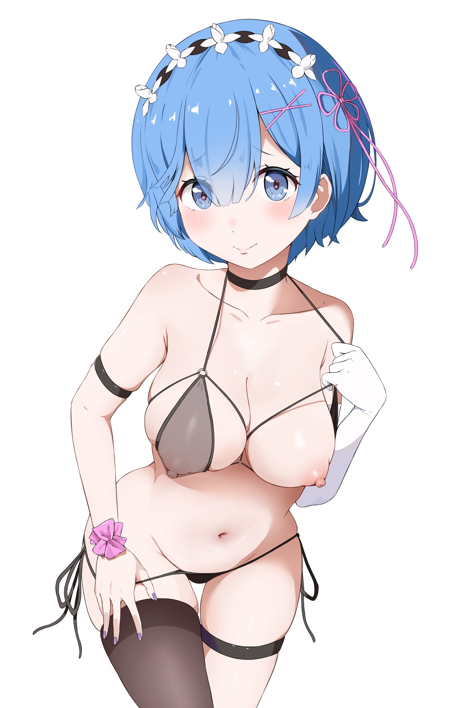 1girls, blue eyes, blue hair, breasts, breasts out, breasts outside, coro fae, embarrassed, female, female only, fingernails, light blue hair, light skin, light-skinned female, lingerie, lingerie only, looking at viewer, maid, maid headdress, medium breasts, nail polish, navel, nipples, nipples visible through clothing, one breast out, purple nails, re:zero kara hajimeru isekai seikatsu, rem (re:zero), revealing clothes, shy, single glove, smile, stockings, thick thighs, x hair ornament