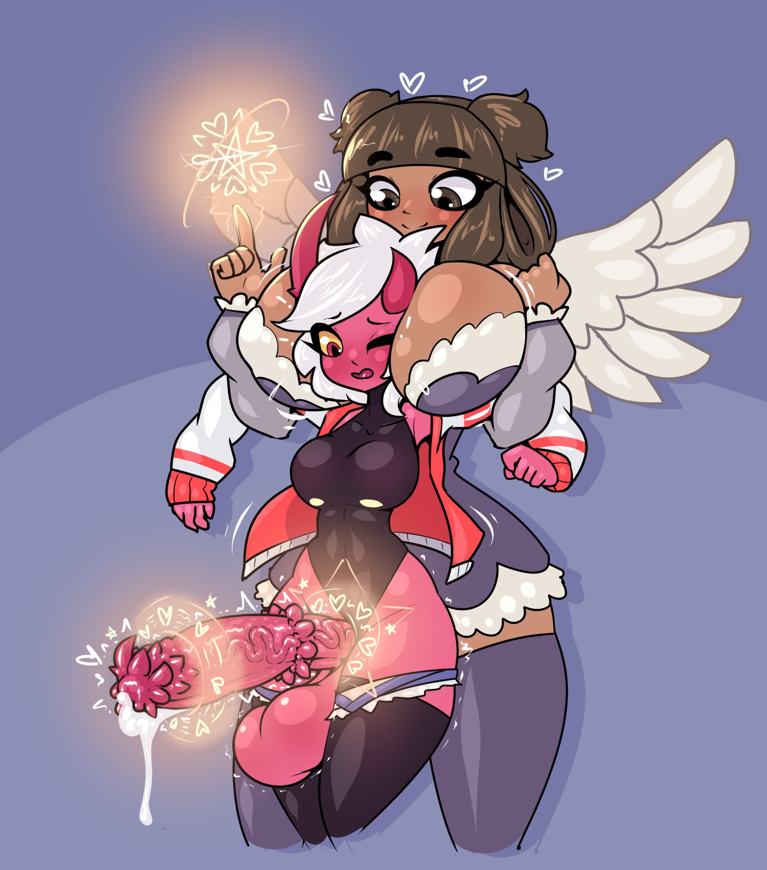 1futa, 1girls, ability indecency, animal genitalia, balls, big breasts, breasts, clothed, clothing, cum, dark skin, dark-skinned female, demon, demon girl, duo, erection, female, flared penis, futa on female, futanari, head between breasts, horns, horsecock, huge balls, huge breasts, huge cock, humanoid, ichigo (limebreaker), intersex, limebreaker, looking at penis, magic, magicjob, melty (elridalm), original, partially clothed, penis, precum, red skin, short hair, standing, thick thighs, thighhighs, white hair, wide hips