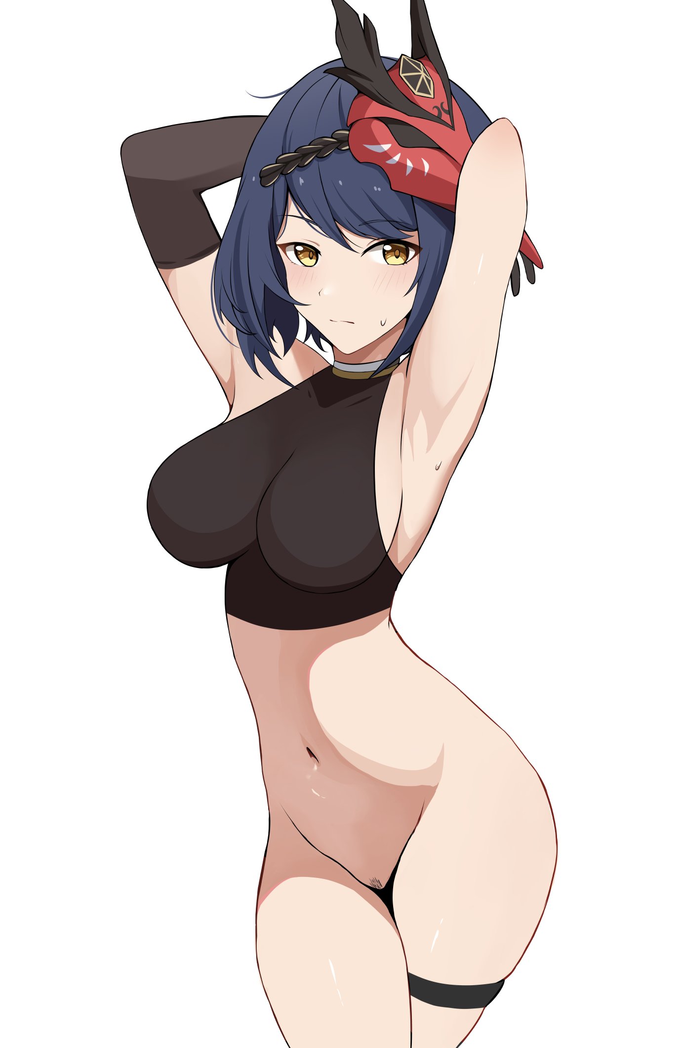 1girls, amber eyes, belly, belly button, black gloves, blushing, bottomless, breasts, coro fae, crop top, elbow gloves, female, genshin impact, gloves, kujou sara, light skin, light-skinned female, long glove, long gloves, looking at viewer, mask on head, medium breasts, midriff, navel, standing, tengu, thick thighs
