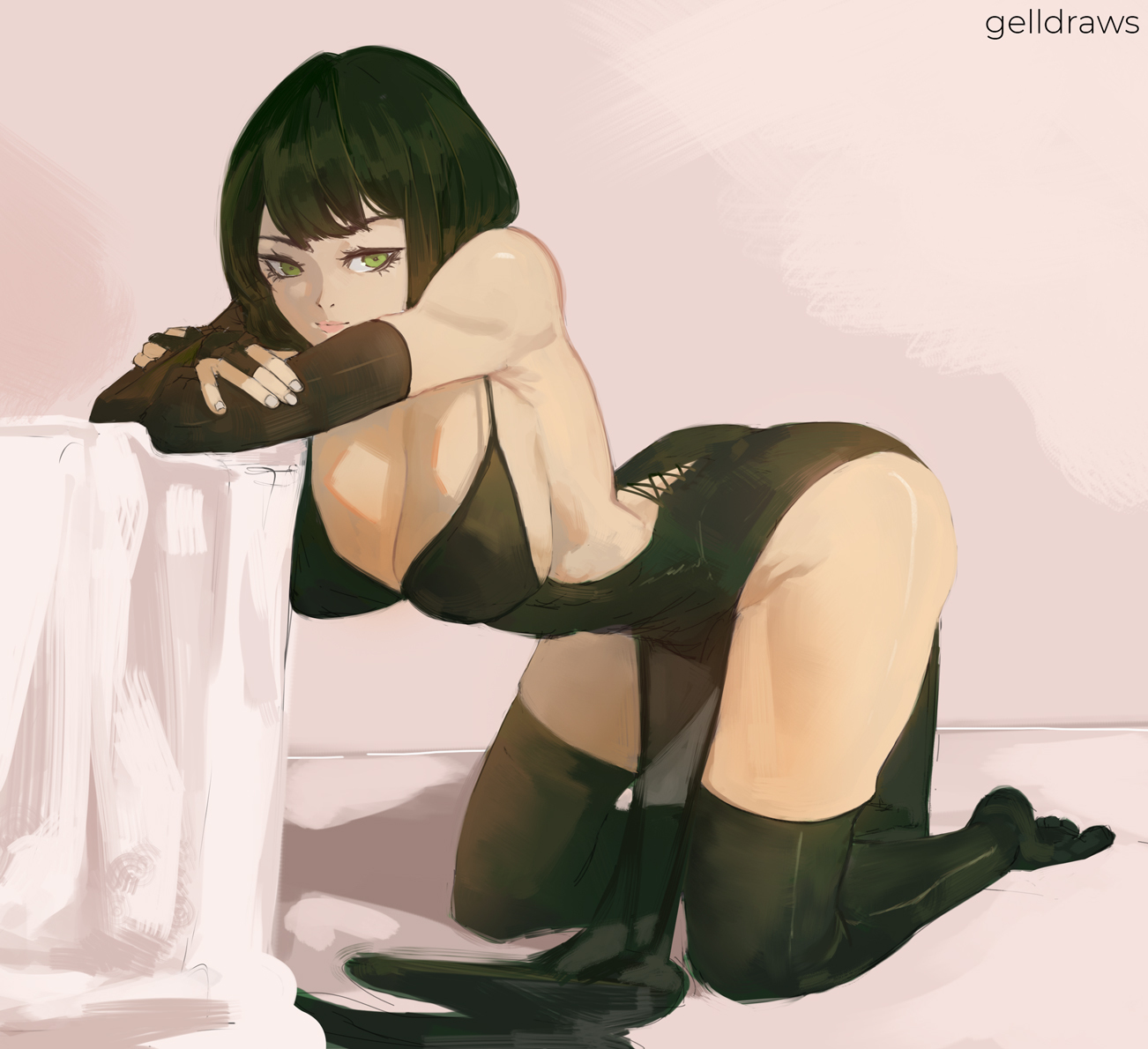 1girls, ass, bending over, big ass, big breasts, breasts, clothed, clothing, curvy, curvy female, curvy figure, dark green hair, dark hair, female, female focus, female only, fubuki (one-punch man), gelldraws, green eyes, green hair, hips, kneeling, legs, legs apart, lips, lipstick, looking at viewer, looking back, medium hair, on knees, one-punch man, seductive, seductive eyes, seductive look, seductive mouth, short hair, solo, solo female, solo focus, stockings, thick, thick thighs, tight clothing, voluptuous, waist, wide hips