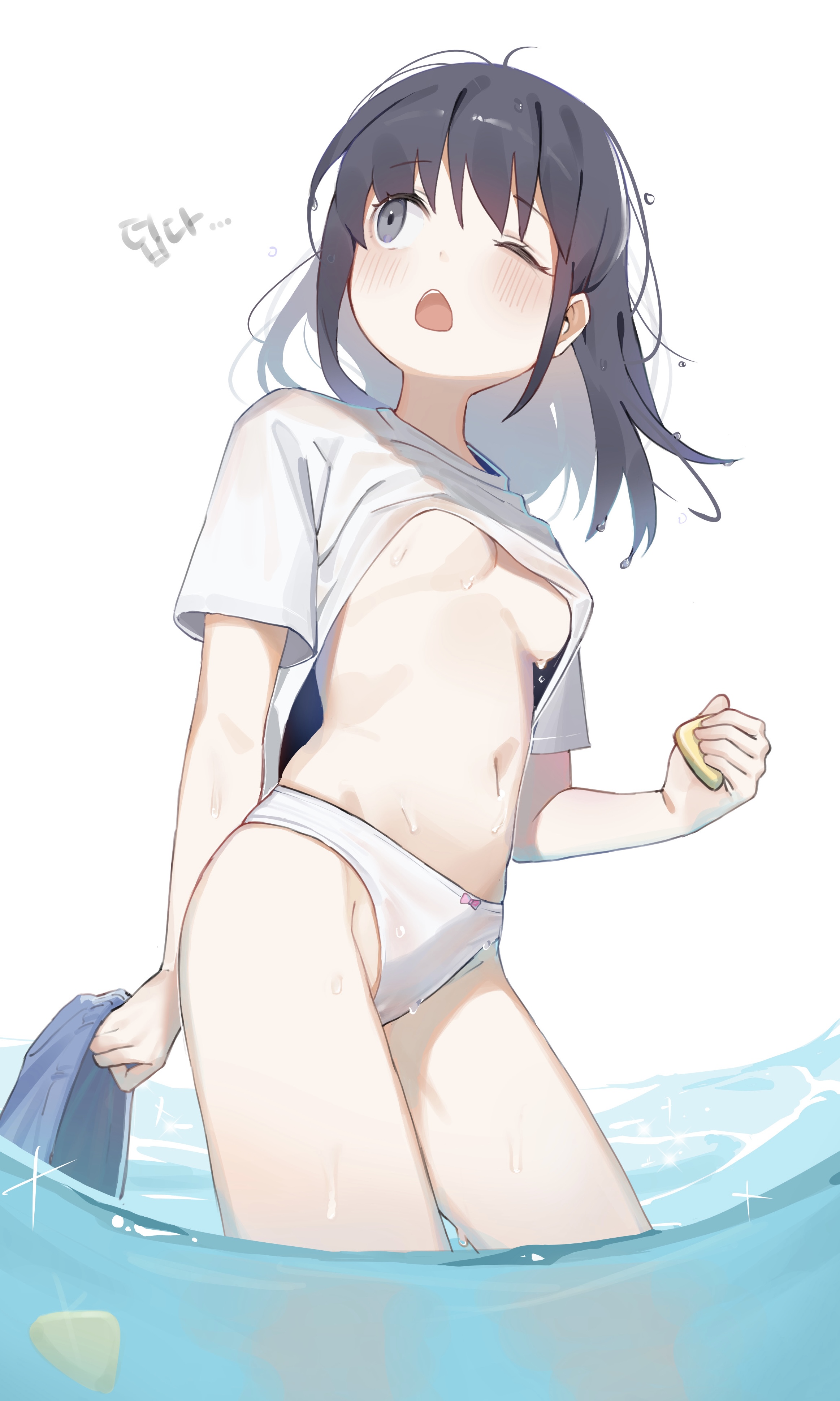 1girls, areola, bikini, bikini aside, bikini bottom, bikini top, black hair, blue hair, blush, bow panties, breasts, cameltoe, dark hair, dawn (pokemon), female, female focus, male, male pov, medium breasts, nintendo, nipples, open mouth, panties, pokemon, pokemon dppt, pussy, sweat, teenage female, teenager, underboob, water, wet, wet clothes, white panties, young