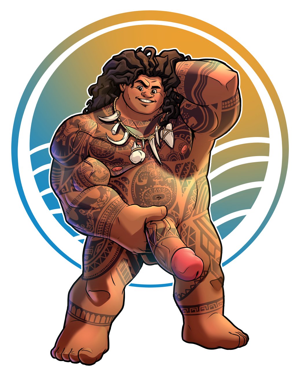 1boy big_penis blitzturner dad_bod demigod disney erect_penis erection gay hand_on_penis hard_on holding_penis huge_cock long_hair male male_only maui melanin moana muscles muscular muscular_male mythos penis_grab polynesian solo_male