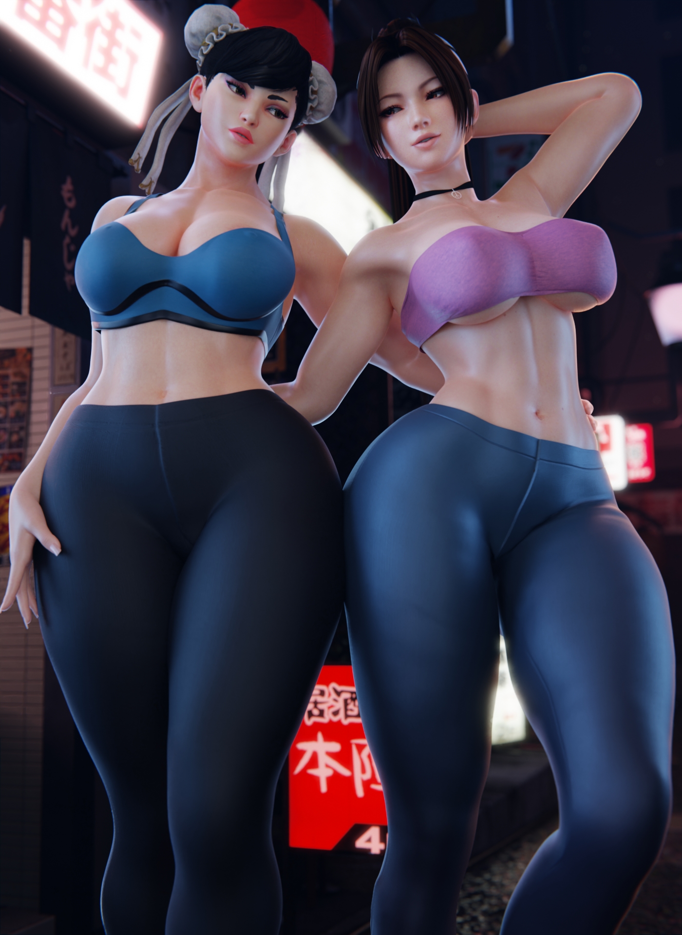 2girls, 3d, abdomen, alternate costume, alternate hairstyle, bare shoulders, breasts, capcom, choker, chun-li, collarbone, death battle, detailed background, fatal fury, female, female focus, female only, fit, fit female, gym, hair bun, hand on hip, king of fighters, mai shiranui, navel, nipple bulge, pervertmuffinmajima, snk, sports bra, sportswear, street fighter, tagme, underboob, wide hips