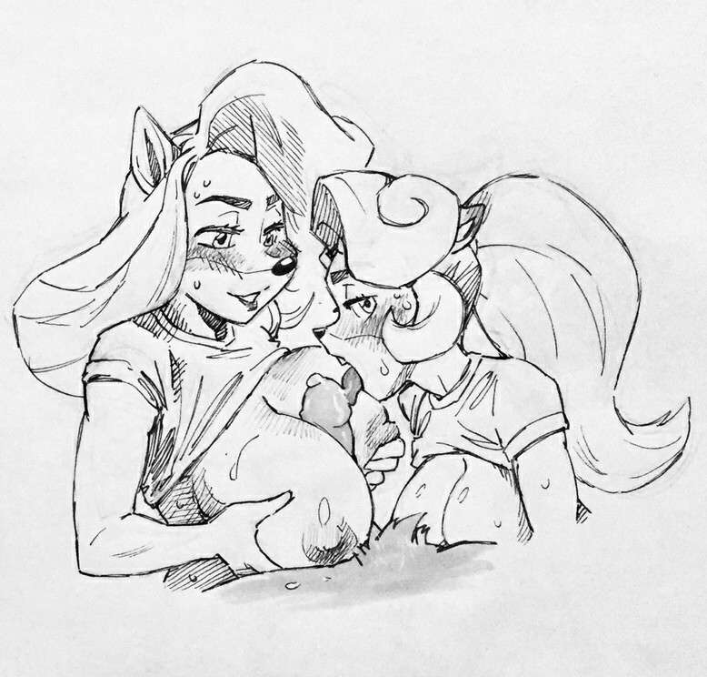 2girls, anthro, between breasts, blowjob, blush, breasts, coco bandicoot, crash (series), female, large breasts, licking, licking penis, male, monochrome, oral, paizuri, penis, sketch, tawna bandicoot, twistedterra