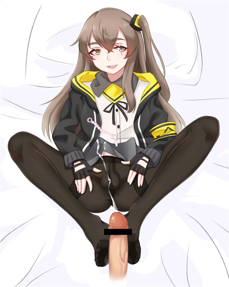 1boy, bar censor, blush, brown hair, bulge, censored, crossdressing, cum, cum in clothes, cumdrip, ejaculation, erection, erection in panties, erection under clothes, femboy, footjob, genderswap, genderswap (ftm), girls' frontline, handsfree ejaculation, looking at viewer, male, male focus, otoko no ko, panties, panties under pantyhose, pantyhose, pov, rule 63, smile, trap, ump45 (girls' frontline), underwear
