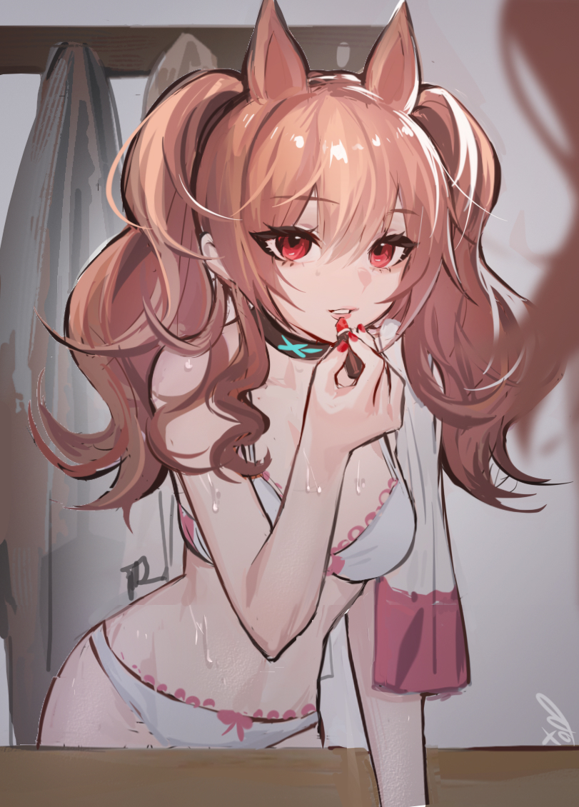 1girls, angelina (arknights), animal ears, applying lipstick, arknights, bra, brown hair, choker, eyelashes, female, female only, he (cayd3375), indoors, lipstick, long hair, mirror, nail polish, nails, panties, red eyes, red lipstick, red nails, solo, twintails, underwear, underwear only, wet, white bra, white panties