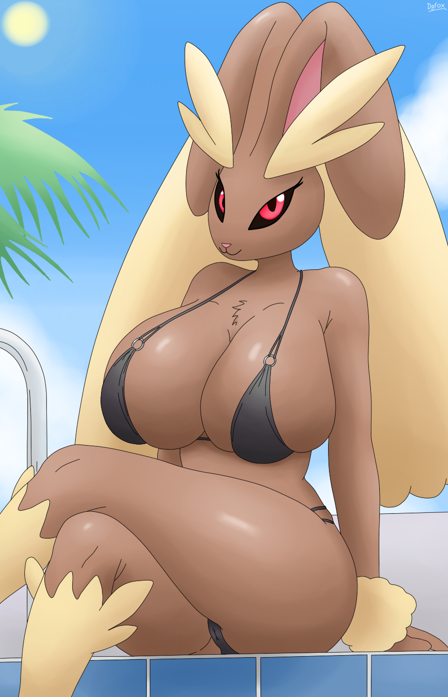 9:14 anthro ass big_breasts big_butt bikini breasts brown_body clothed clothing cloud curvy_figure dgfox digital_media_(artwork) female fur furry furry_only hair hi_res huge_breasts lagomorph large_breasts leporid looking_at_viewer lopunny mammal nintendo palm_tree pink_eyes plant pokémon_(species) pokemon pokemon_(species) rabbit red_eyes sitting sky smile solo sunny swimming_pool swimwear thick_thighs tree video_games wide_hips