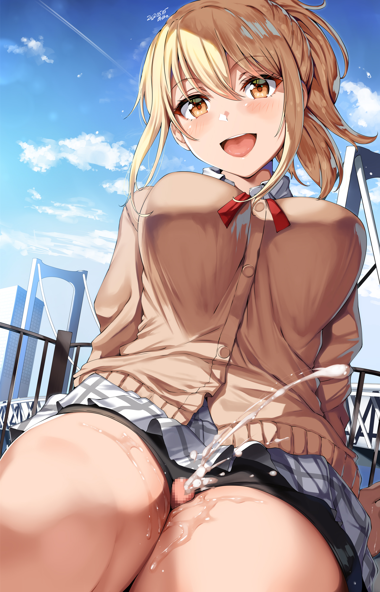 1boy, 1girls, amber eyes, belko, blonde hair, cum, cum on lower body, cum on thighs, faceless male, female, fully clothed, happy, looking at viewer, love live!, love live! nijigasaki high school idol club, male, miyashita ai, no penetration, penis, public, school uniform, tagme, thick thighs, thigh sex, thighs