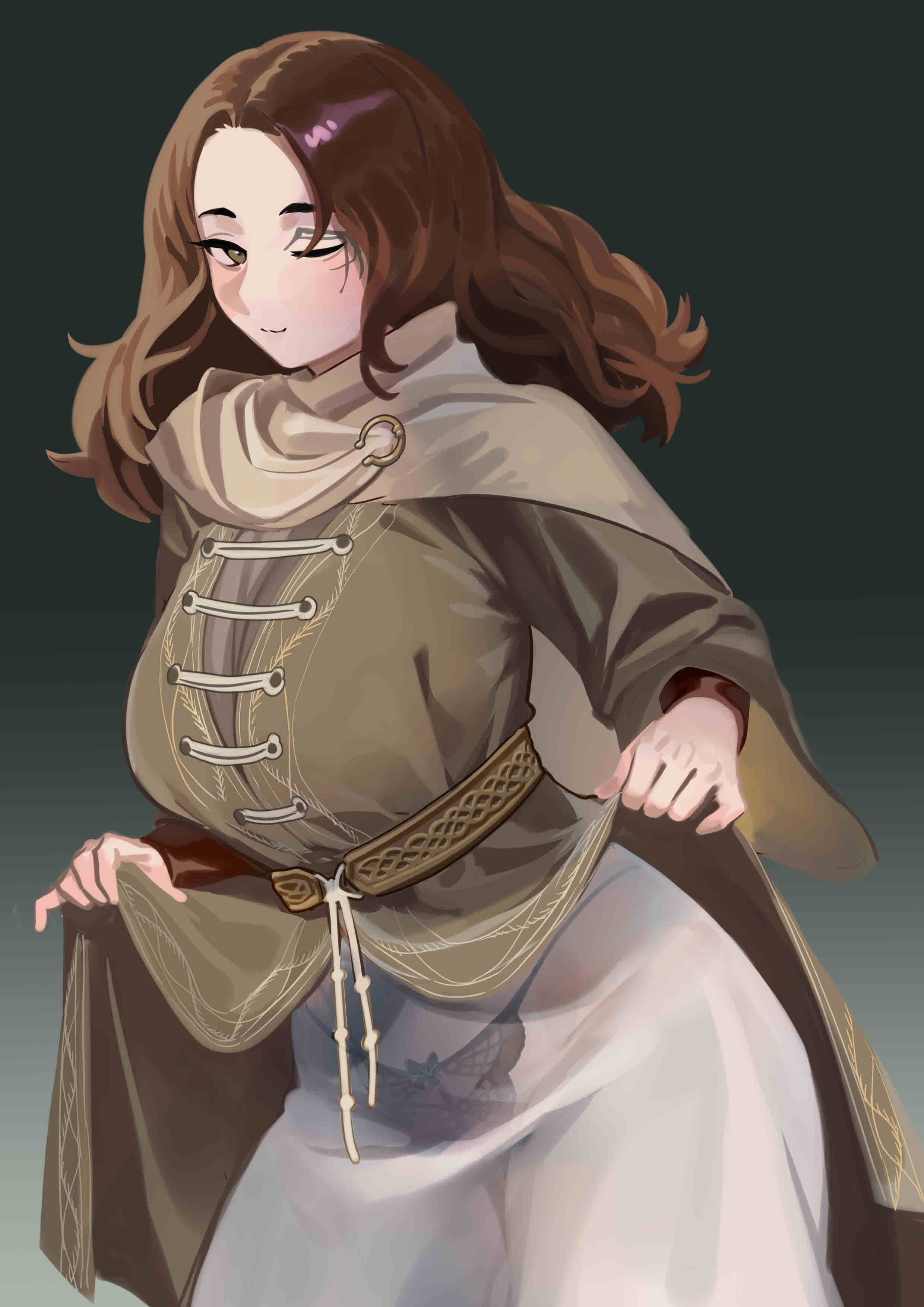 1girls, armwear, brown hair, casual, clothes lift, clothing, elden ring, female, female focus, female only, fromsoftware, happy, human, inviting, long hair, looking at viewer, melina (elden ring), nia (nia4294), one eye closed, outerwear, panties, see-through clothing, smile, smiling, transparent clothing, underwear