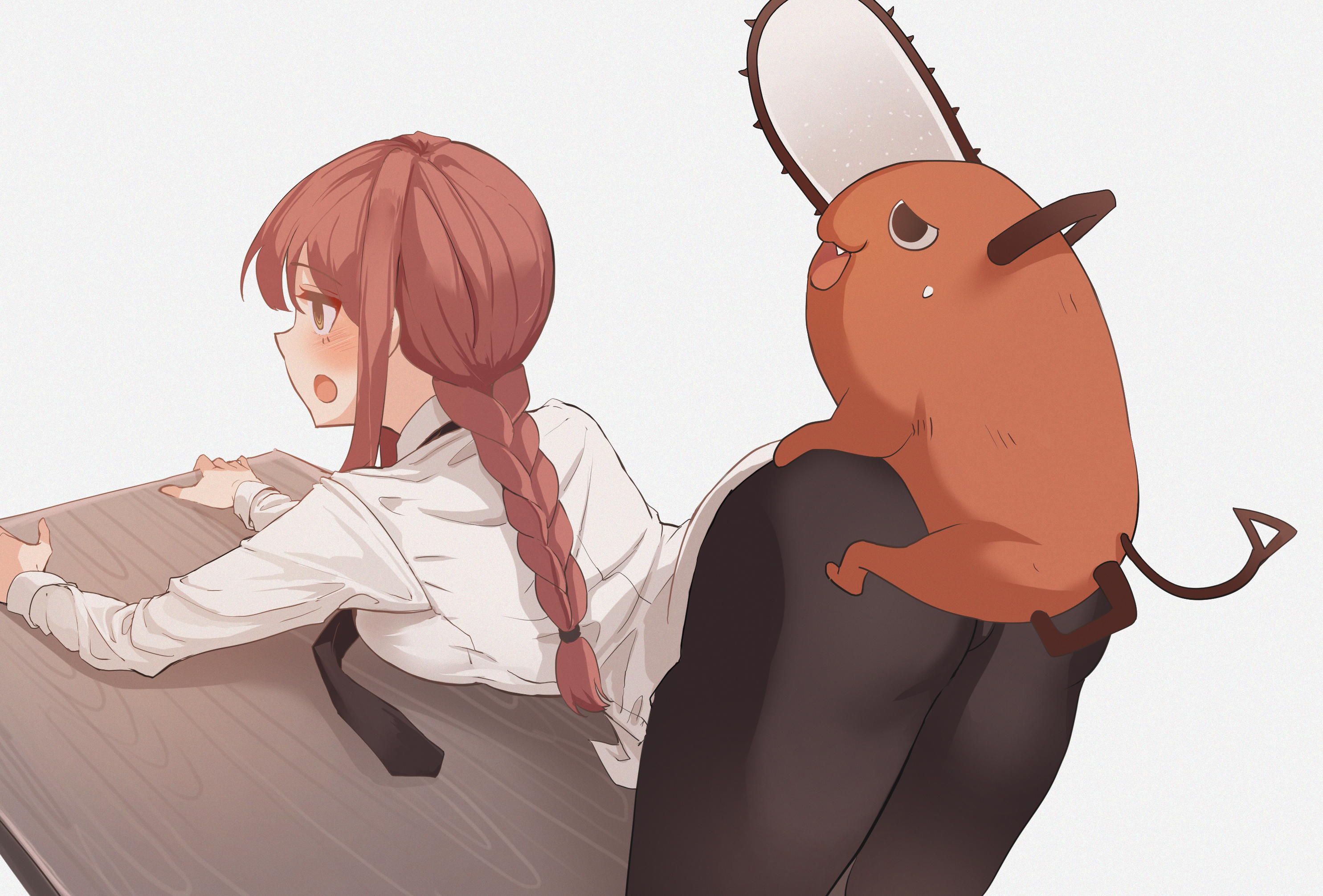 1boy, 1girls, anal, anal sex, ass, ass focus, bestiality, big ass, bubble ass, bubble butt, chainsaw man, doggy style, female, interspecies, makima (chainsaw man), male, pochita (chainsaw man), red hair, shounen jump, surprised, thick thighs, unreasonable (artist), zoophilia