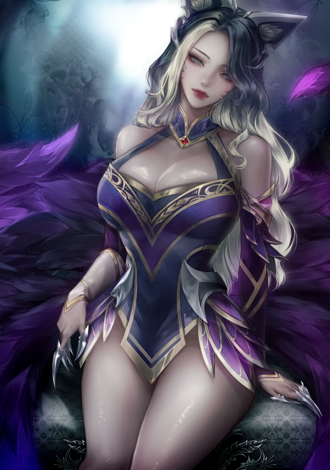 ahri, animal ear fluff, animal ears, animal girl, big breasts, black hair, blonde hair, breasts, busty, child bearing hips, cleavage, clothing, coven ahri, curvaceous, curves, curvy, curvy body, curvy female, curvy figure, curvy hips, eclipse series, eyelashes, eyeliner, eyeshadow, facial markings, female, fluffy, fluffy ears, fluffy tail, fluffy tails, fox, fox ears, fox girl, fox tail, furry tail, glistening, glistening body, glistening hair, glistening skin, hair over one eye, hips, hourglass figure, huge breasts, humanoid, inner ear fluff, kemonomimi, kitsune, large breasts, league of legends, light skin, light-skinned female, lips, lipstick, lohel, long hair, multi tail, multicolored hair, nine tailed fox, pale skin, pale-skinned female, riot games, tail, teal eyes, thick thighs, thighs, vastaya, video games, voluptuous, wide hips