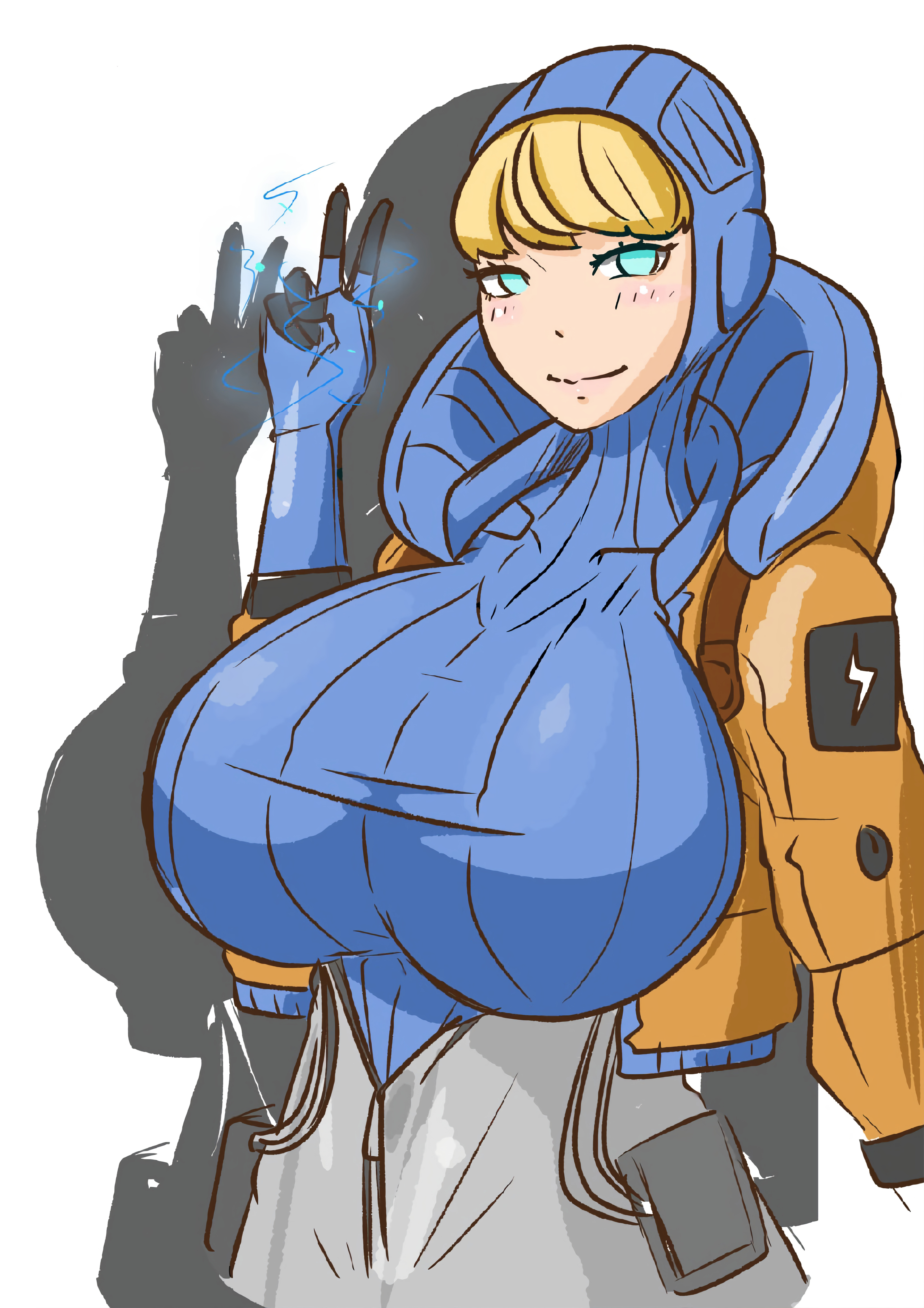 1girls, alternate breast size, apex legends, big breasts, blush lines, breasts, female, female only, hips, huge breasts, jumpsuit, large breasts, looking at viewer, outgrowing clothes, simple background, skin tight, skin tight suit, solo, solo female, stretched clothing, thick, thick thighs, thighs, tight clothes, tight clothing, tights, unknown artist, wattson (apex legends), wholesome, wide hips