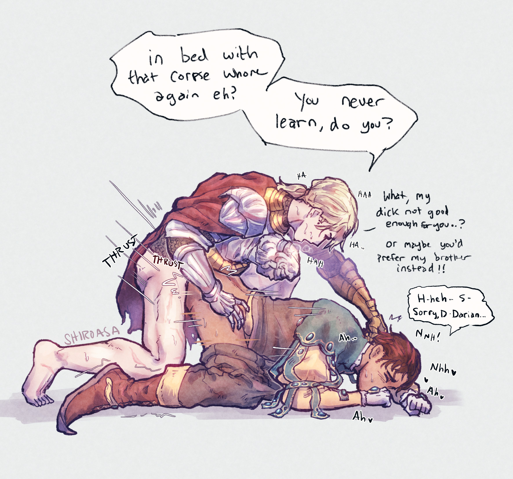 2boys, anal, anal sex, armor, bottomless, closed eyes, clothed sex, d hunter of the dead, dialogue, doggy style, elden ring, english text, from behind, fromsoftware, full body, gay, helmet removed, male, male only, motion lines, pants down, rough sex, shiroasa, sorcerer rogier, sound effects, sweat, yaoi