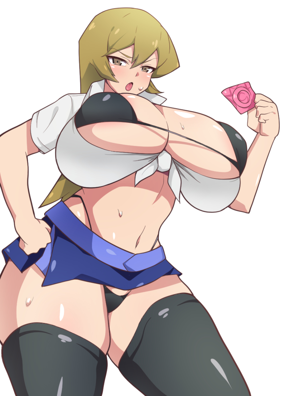 1girls, alexis rhodes, armwear, bikini, bikini top, breasts, condom, dd (artist), female, female only, hi res, highleg panties, large breasts, looking at viewer, miniskirt, panties, skindentation, skirt, solo, tenjouin asuka, thick thighs, thighhighs, thighs, white background, wide hips, yu-gi-oh!