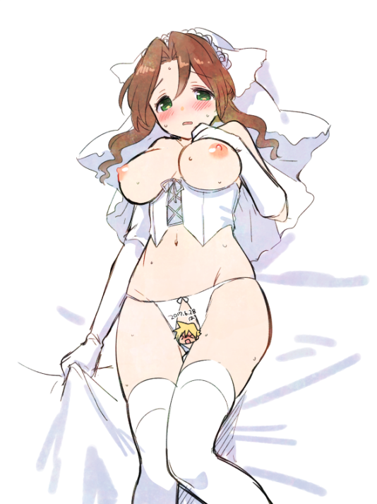 aerith_gainsborough areolae bangs bed_sheet blush breasts bridal_lingerie bridal_veil brown_hair censored cloud_strife corset crotchless crotchless_panties female female_only final_fantasy final_fantasy_vii final_fantasy_vii_remake gloves green_eyes hand_on_own_chest krudears lingerie lying medium_breasts navel nipples on_back panties parted_bangs parted_lips sidelocks solo sweat thighhighs underwear upper_body veil wavy_hair white_corset white_gloves white_legwear white_panties