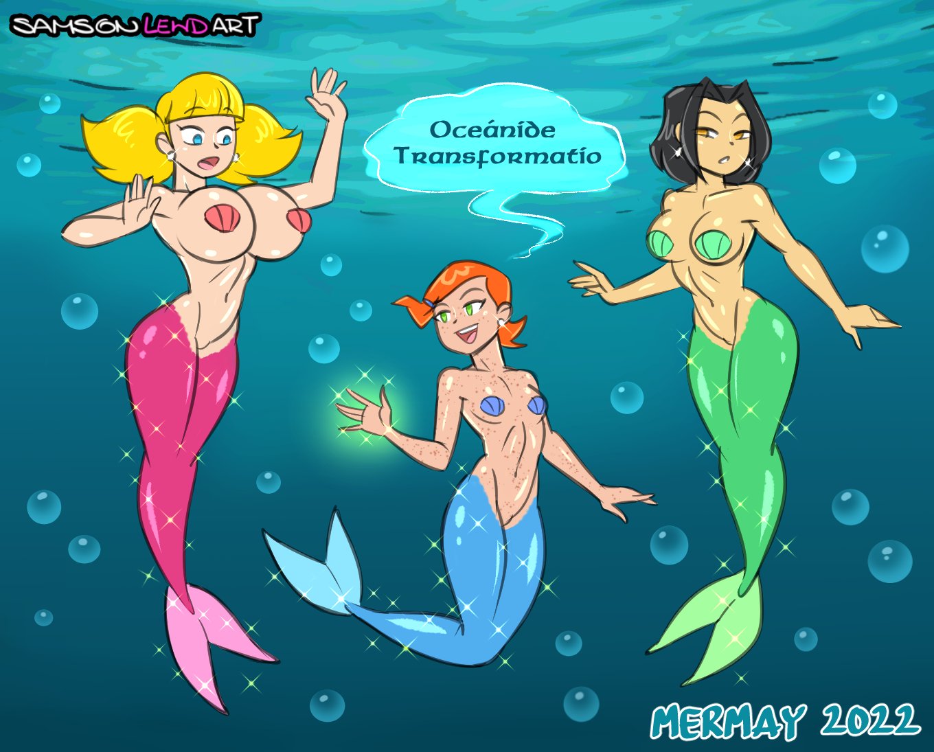 2022 3girls air_bubbles ben_10 big_breasts black_hair blonde_hair blue_eyes blunt_bangs breasts cartoon_network casual crossover curvy_female demihuman earrings female female_only fish_humanoid fish_tail flat_chest flat_chested freckles freckles_on_arms freckles_on_belly freckles_on_breasts freckles_on_chest freckles_on_face freckles_on_shoulders freckles_on_stomach full_body green_eyes gwen_tennyson hazel_eyes human inspector_gadget jackie_chan_adventures jade_chan large_breasts linea_alba magic magic_user medium_breasts mermaid mermaid_tail mermaid_transformation mermay multiple_girls navel orange_hair pale_skin pasties penny_gadget red_hair redhead samson_00 seashell_pasties skinny_female small_breasts smile speech_bubble spell text trio twintails underwater yellow_eyes young