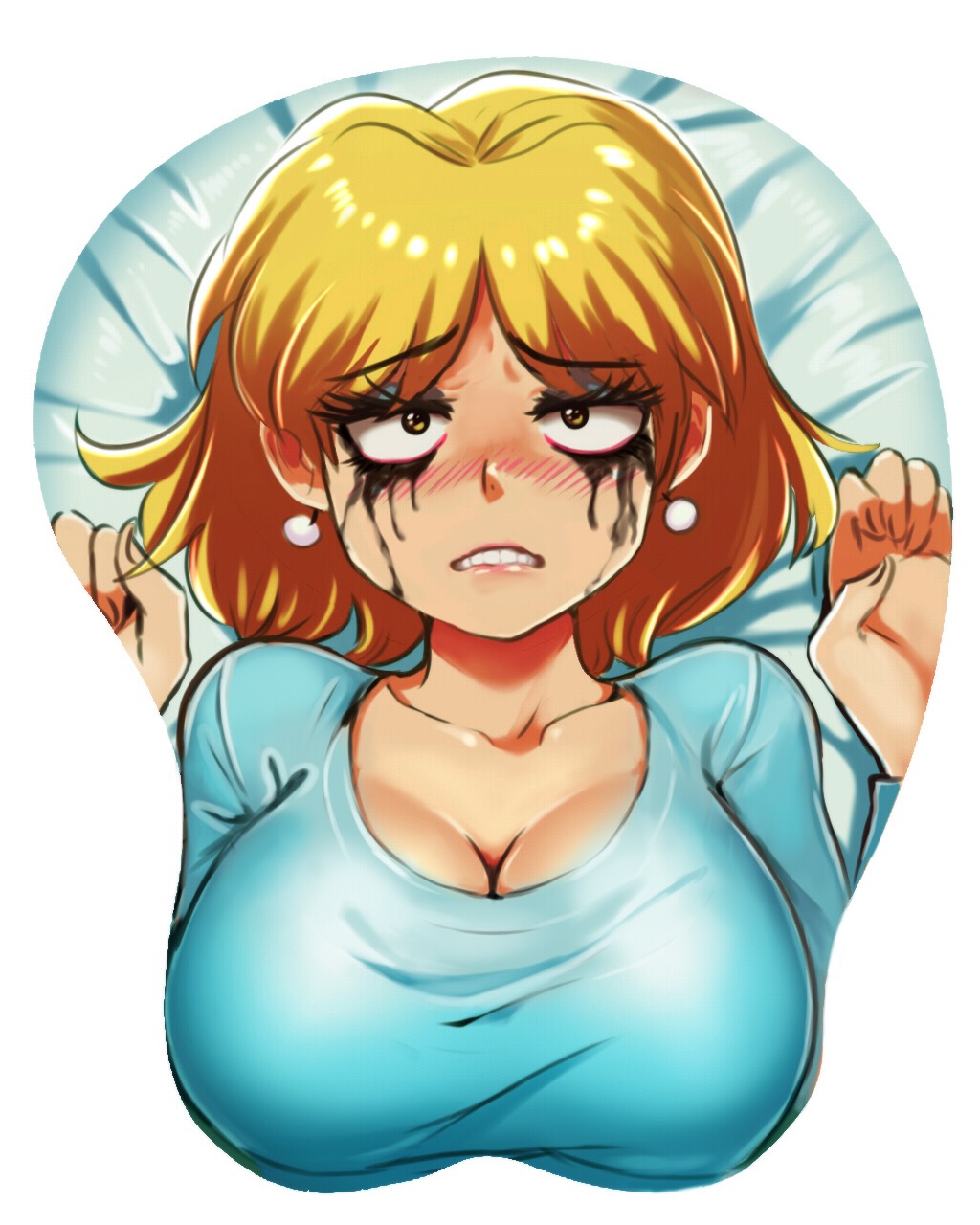 bed_sheet big_breasts blonde_hair blush boob_mousepad cleavage jcm2 looking_at_viewer lori_loud mousepad nickelodeon oppai_mouse_pad runny_makeup straight_hair the_loud_house