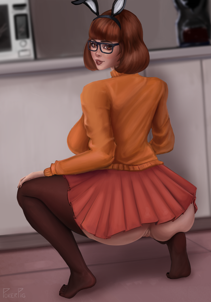 1girls big_ass glasses looking_at_viewer looking_back pokerpig pussy rabbit_ears scooby-doo skirt solo sweater velma_dinkley watermark