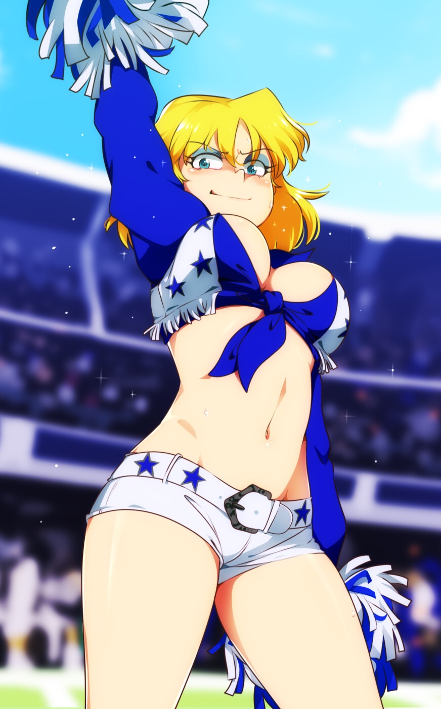 1girls arm_up big_ass big_breasts big_butt blonde blonde_female blonde_hair breasts cheerleader cheerleader_uniform cleavage dallas_cowboys eye_shadow jcm2 lori_loud outdoors shorts solo straight_hair the_loud_house