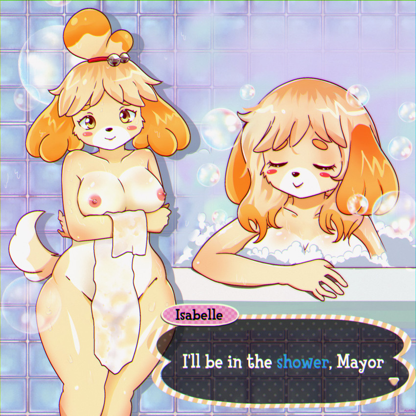 1girls, 2d, alternate body type, alternate breast size, animal crossing, anthro, artist request, bath, bathing, bathroom, bathtub, breasts, bubble, canine, closed eyes, color, curvy, cute, digital media (artwork), female, female only, furry, isabelle (animal crossing), nintendo, nude, nude female, office lady, short hair, smile, text, text box, towel, wholesome