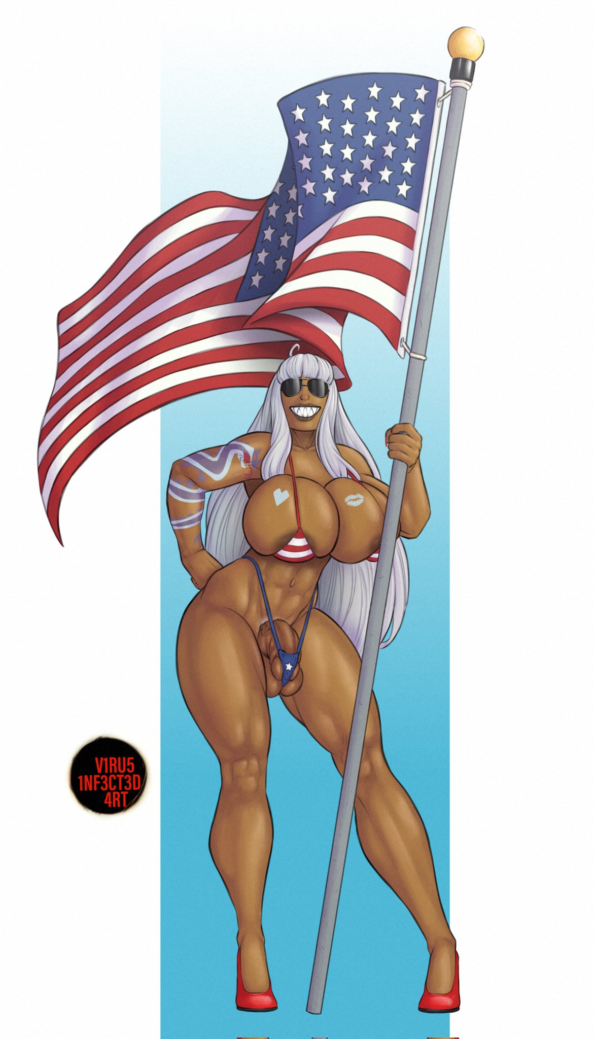 1futa 2022 abs american_flag areolae athletic athletic_futanari balls bangs biceps big_breasts bikini breasts busty cleavage clothed clothing dark-skinned_futanari dark_skin domino_dewitt eyewear full_body futa_only futanari high_heels hourglass_figure huge_breasts human large_breasts long_hair micro_bikini mostly_nude muscles muscular muscular_futa muscular_thighs navel penis pinup pinup_pose pubes pubic_hair sharp_teeth sideboob solo standing sunglasses tattoo thick_thighs virus_infected_art white_hair wide_hips