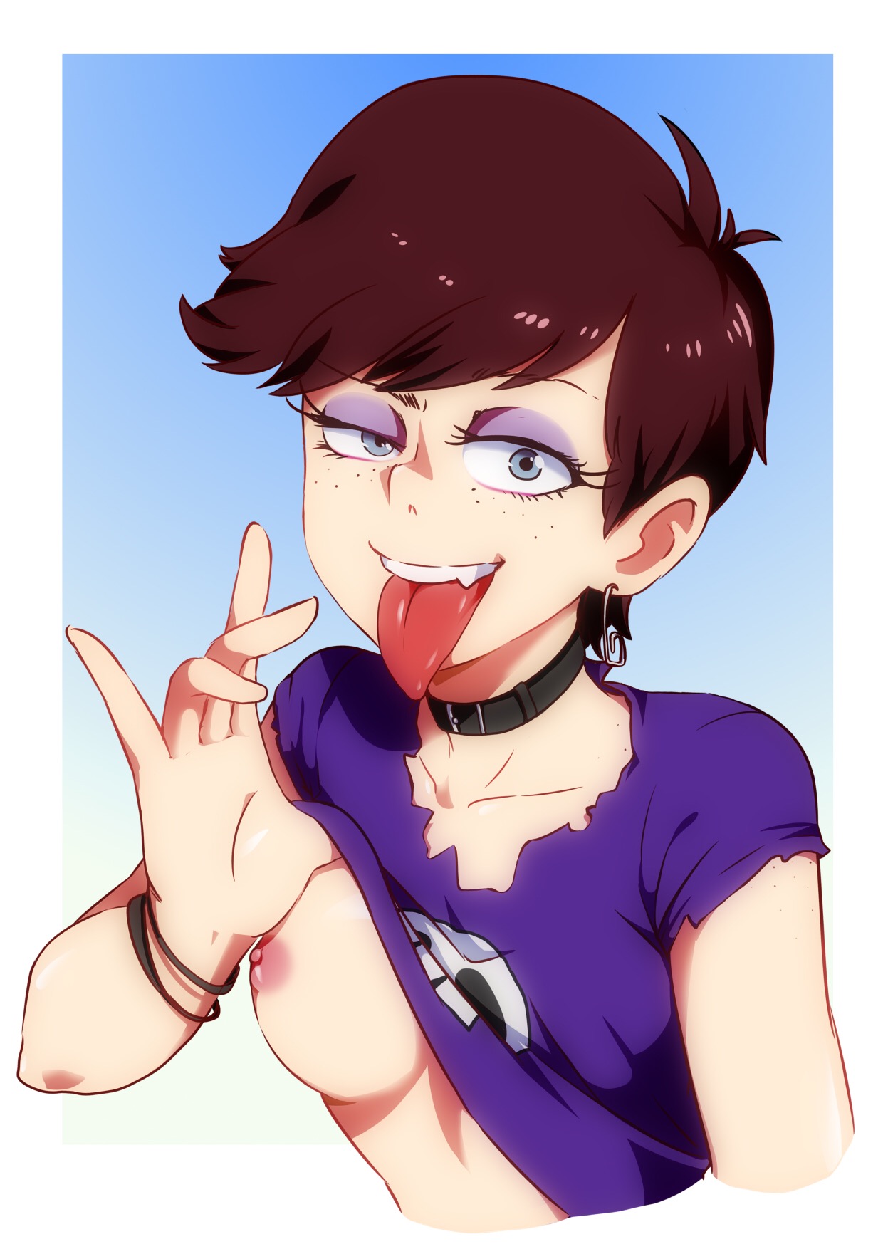 areolae, blue eyes, breasts, brown hair, choker, dark nipples, earrings, eyeshadow, female, female only, flashing, freckles, jcm2, luna loud, medium breasts, nickelodeon, nipples, no bra, one breast out, purple eyeshadow, shirt lift, short hair, tagme, the loud house, tomboy, tongue, tongue out