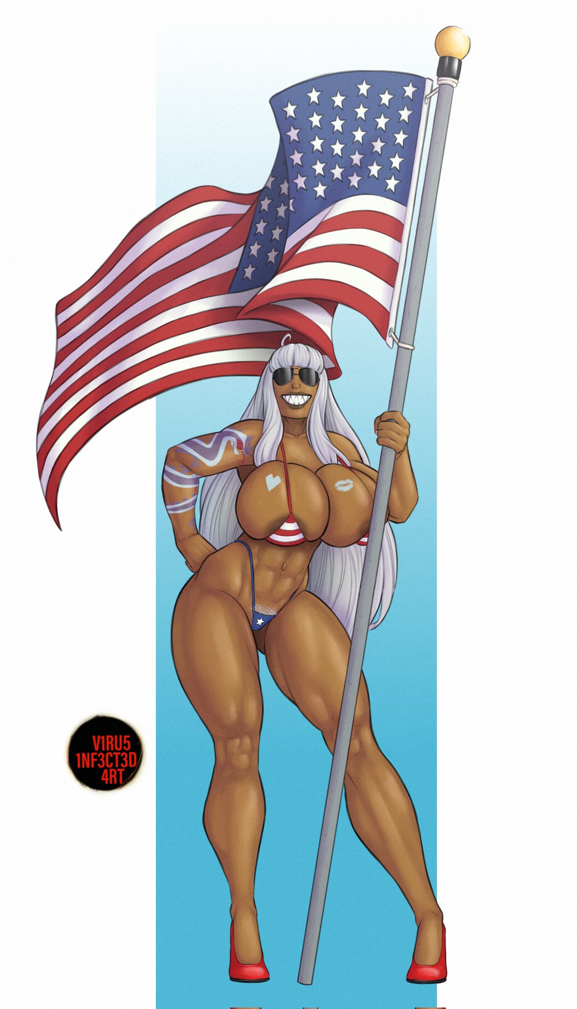 2022 abs american_flag areola_slip areolae athletic athletic_female bangs biceps big_breasts bikini breasts busty cleavage dark-skinned_female dark_skin domino_dewitt eyewear female female_focus female_only full_body high_heels hourglass_figure large_breasts long_hair micro_bikini muscles muscular muscular_female muscular_thighs navel pinup pinup_pose pubes pubic_hair pubic_hair_peek sharp_teeth sideboob standing sunglasses tagme tattoo virus_infected_art white_hair wide_hips