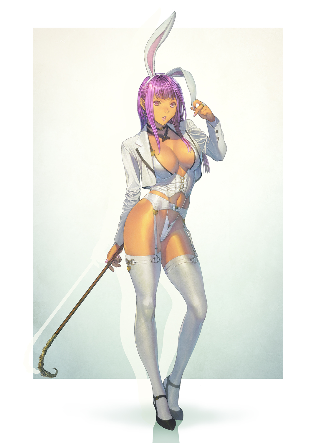 bangs, belly button, breasts, bunny ears, bunny girl, bunnysuit, cane, dark skin, dark-skinned female, female, female only, garter belt, garter straps, highleg, highleg panties, holding object, homare (fool's art), inner sideboob, long hair, long sleeves, midriff, midriff baring shirt, navel, navel cutout, navel line, purple hair, rabbit ears, revealing clothes, tagme, tan, tan body, tan skin, tanned, tanned skin, thick thighs, thigh highs, thighhighs, white panties
