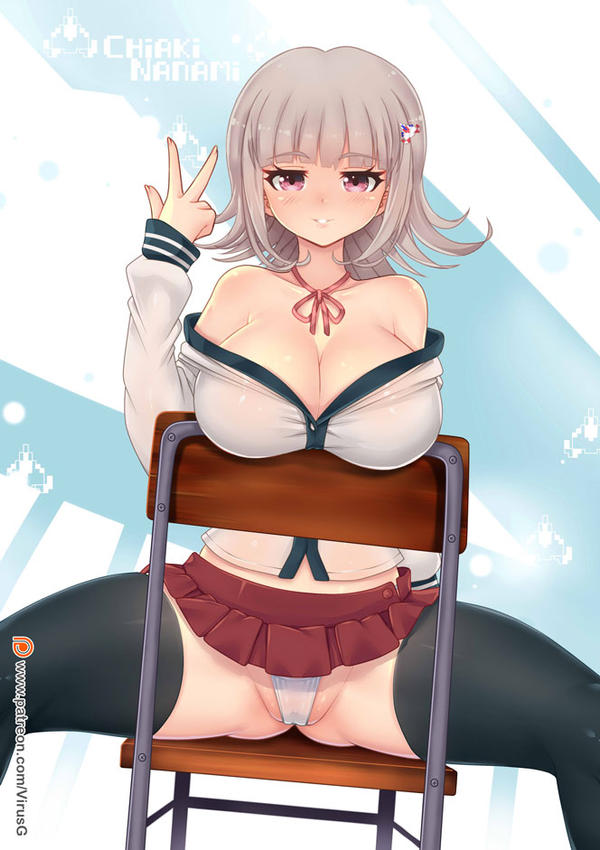 1girls, big breasts, breasts, cameltoe, cleavage, danganronpa, danganronpa 2: goodbye despair, female, female only, light skin, looking at viewer, nanami chiaki, panties, peace sign, pink eyes, pink hair, pussy, sitting, skimpy clothes, solo, spread legs, straight hair, thighhighs, upskirt, virus-g