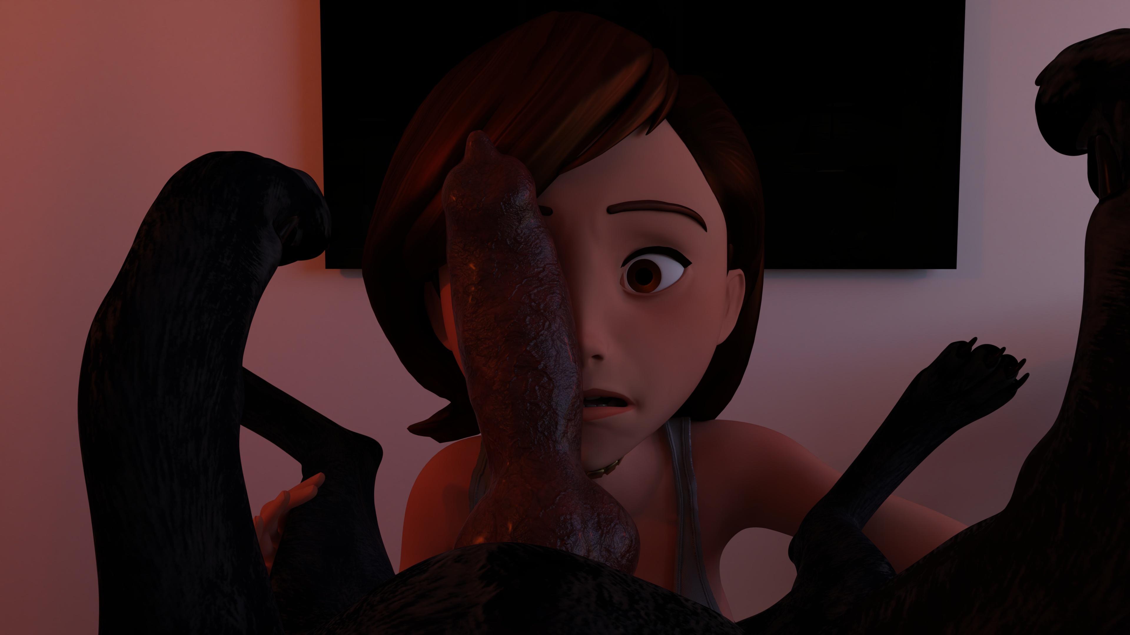1animal, 1girls, 3d, brown hair, bustyhub, canine, canine penis, erection, female, helen parr, imminent fellatio, knot, large penis, male, medium hair, necklace, parted lips, penis, penis on face, pov, the incredibles, worried, zoophilia