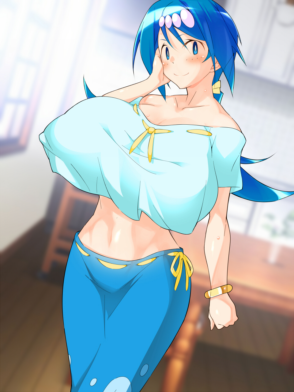 1girls, alternate breast size, alternate version available, big breasts, bimbo, blue eyes, blue hair, blue pants, bottomwear, bracelet, breasts, clothed, clothes, clothing, female, female only, gigantic breasts, hand on face, hips, huge breasts, human, human only, humanoid, hyper breasts, lana's mother (pokemon), large breasts, makarou, massive breasts, mature, mature female, milf, mother, pants, pokemon, pokemon sm, shirt, solo, solo female, thick, thick thighs, thighs, topwear, white shirt, wide hips