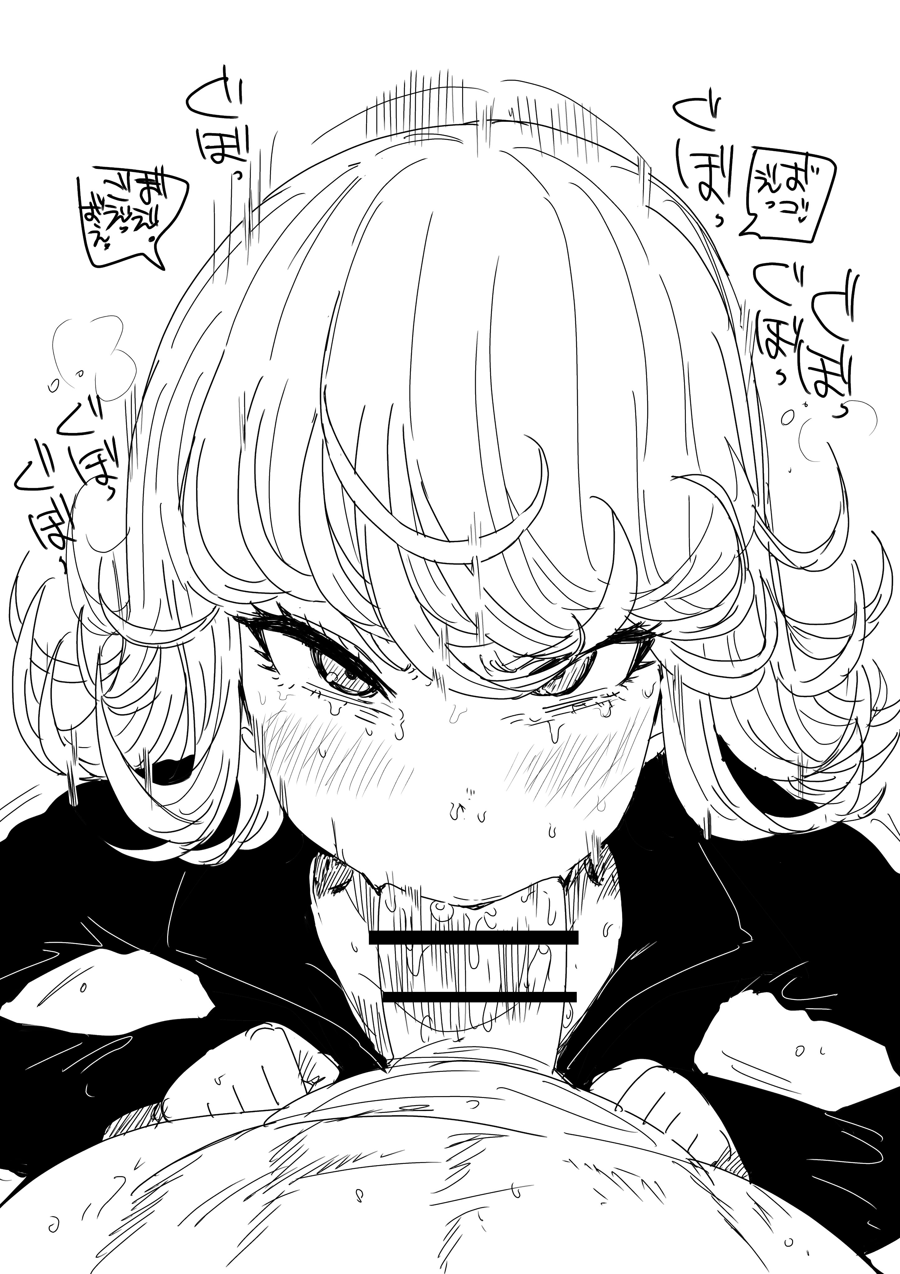 1boy, 1girls, angry, angry fellatio, big penis, blowjob, blush, censor bar, censored, clothed female nude male, cute, deep blowjob, deepthroat, eye contact, fellatio, female, gag, gagging, kaiman garupan, looking at viewer, male, monochrome, motion lines, one-punch man, oral, penis, petite, pov, saliva, short hair, sketch, skinny, slim, smaller female, sweat, sweatdrop, tatsumaki, tears, teenager, throat fuck
