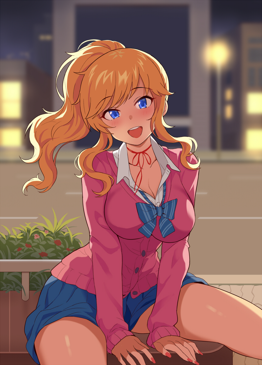 1girls, big breasts, blonde hair, blue eyes, blush, breasts, cleavage, female, female only, genmon, gyaru, idolmaster, looking at viewer, nail polish, ohtsuki yui, painted nails, ponytail, school uniform, solo, solo female, solo focus, thick thighs, wholesome