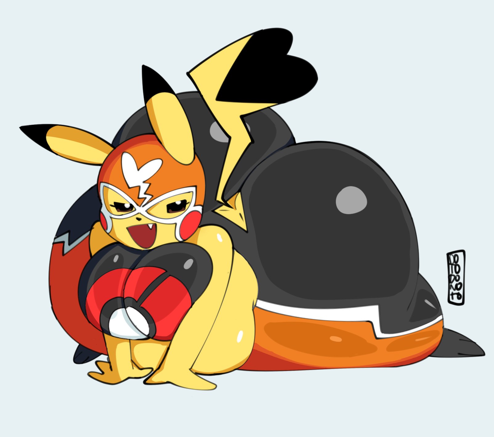 ass, ass cleavage, ass crack, big ass, big breasts, breasts, bubble ass, bubble butt, butt crack, chubby, clothed, cosplay pikachu, dotodonoto, female, game freak, nintendo, pikachu, pikachu libre, pokémon (species), pokemon, pokemon (species), tagme