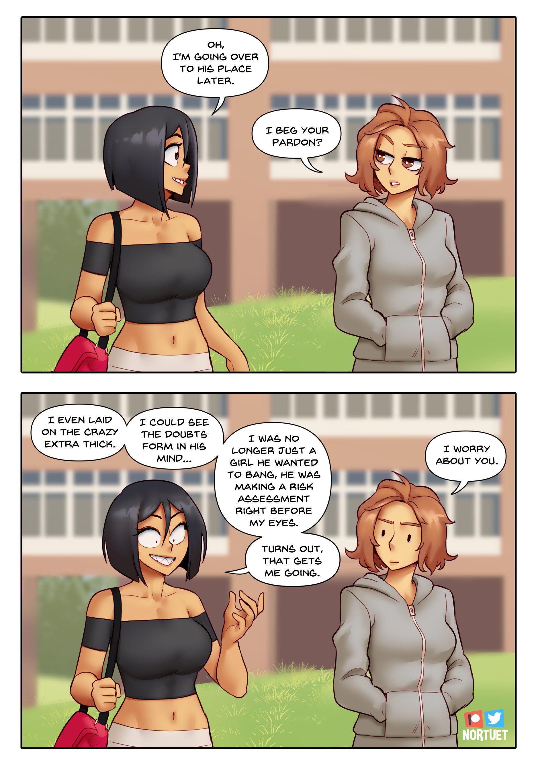 2girls, big breasts, black hair, breasts, brown eyes, brown hair, cleavage, clothed, clothing, comic, detailed background, english text, female, female focus, female only, funny, grey eyes, hi res, highres, medium hair, navel, nortuet, nortuet universe, original, penelope pound, public, revealing clothes, sarah coltellini, text, watermark