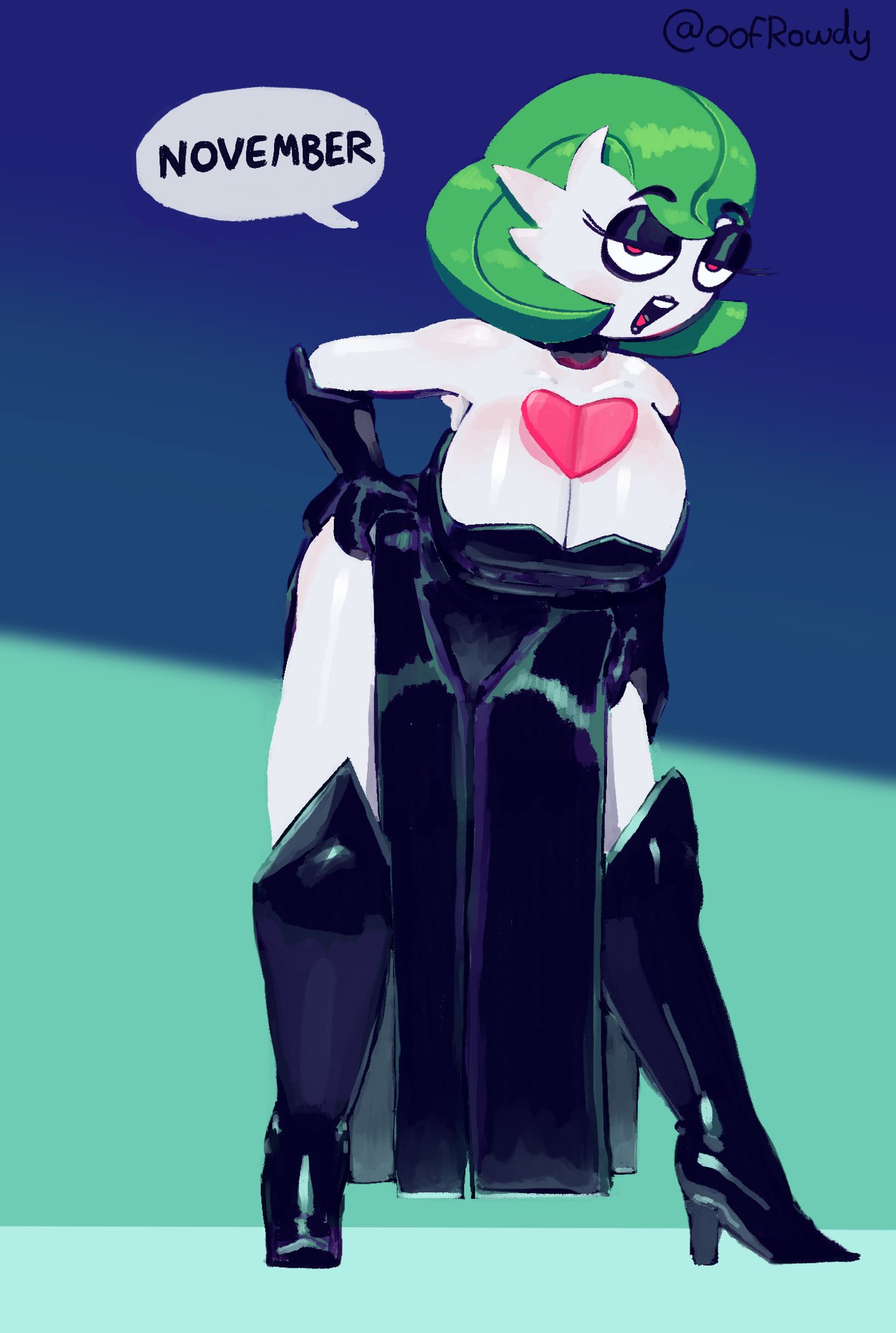 1girls big_breasts black_boots black_dress black_eyeshadow black_lipstick breasts gardevoir gardy_(oofrowdy) green_hair high_heel_boots huge_breasts large_breasts lipstick long_lashes mega_evolution mega_gardevoir oofrowdy pokemon pokemon_(species) red_eyes