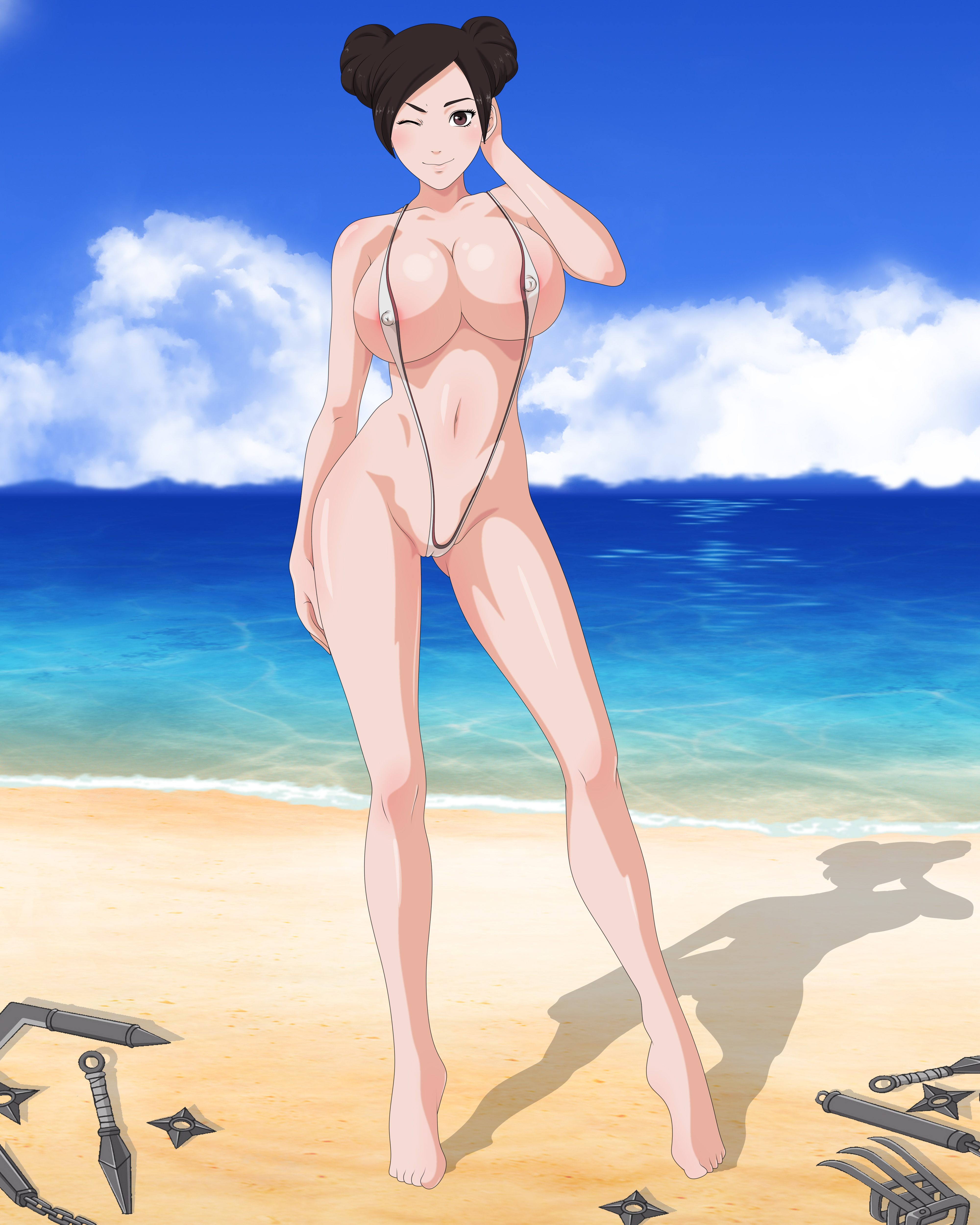 1girls, adapted costume, almost naked, bare arms, bare legs, bare thighs, barefoot, barely clothed, beach, big breasts, blush, breasts, brown eyes, brown hair, cameltoe, chrisfv, curvaceous, curvy, curvy body, curvy female, curvy figure, double bun, erect nipples, erect nipples under swimsuit, female, female only, full body, functionally nude, impossible clothes, impossible swimsuit, kunoichi, landscape, naruto, naruto (series), naruto shippuden, naruto: the last, ninja, nipples, one eye closed, one-piece swimsuit, outdoors, parted bangs, posing, pussy, revealing swimsuit, sand, shore, skimpy, skimpy bikini, sling bikini, slingshot swimsuit, smile, smiling, smiling at viewer, solo, swimsuit, tenten, tied hair, water, weapon, weapons, wink, winking, winking at viewer